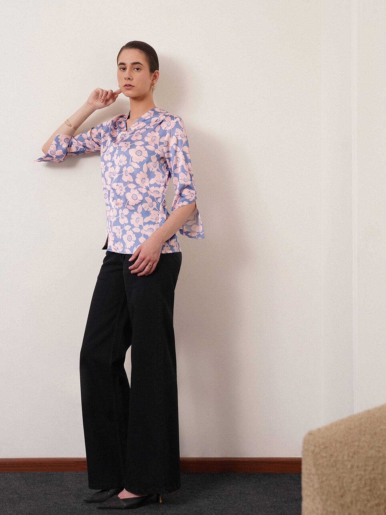 Satin Floral Top - Blue