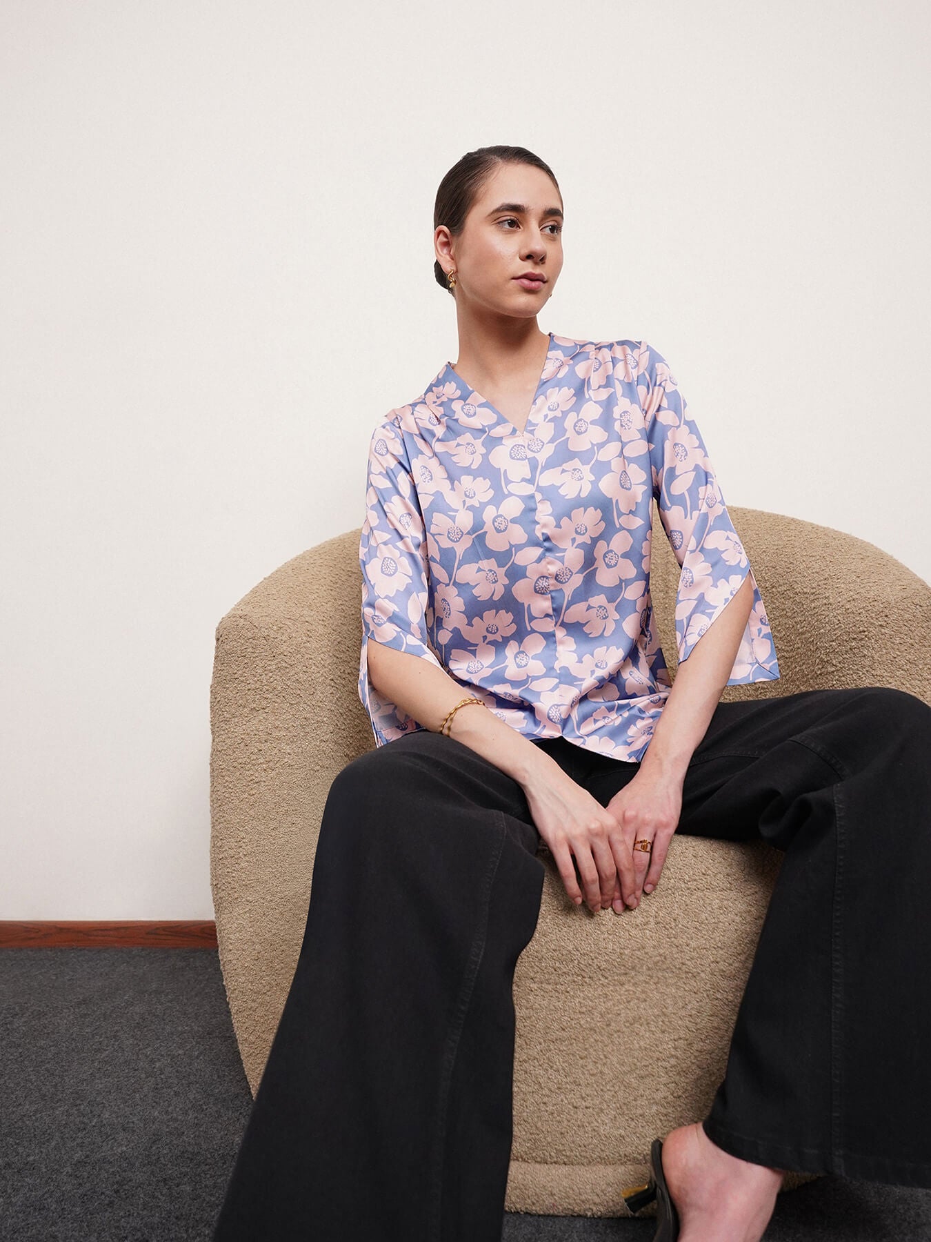 Satin Floral Top - Blue