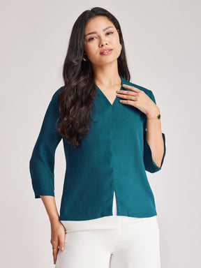 V Neck Pleat Detail Top - Teal