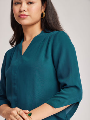 V Neck Pleat Detail Top - Teal