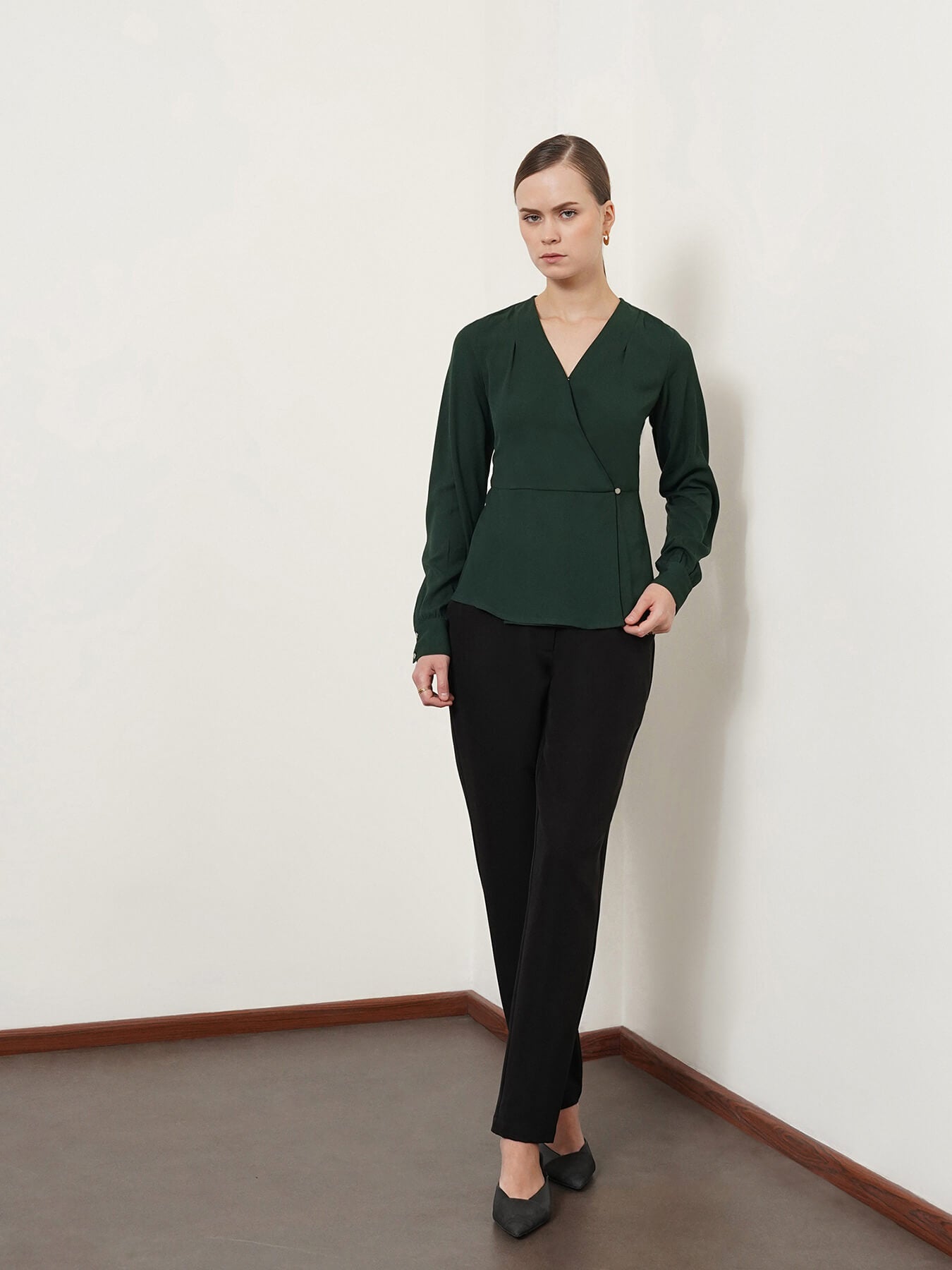 V Neck Wrap Top - Bottle Green