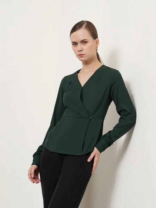 V Neck Wrap Top - Bottle Green