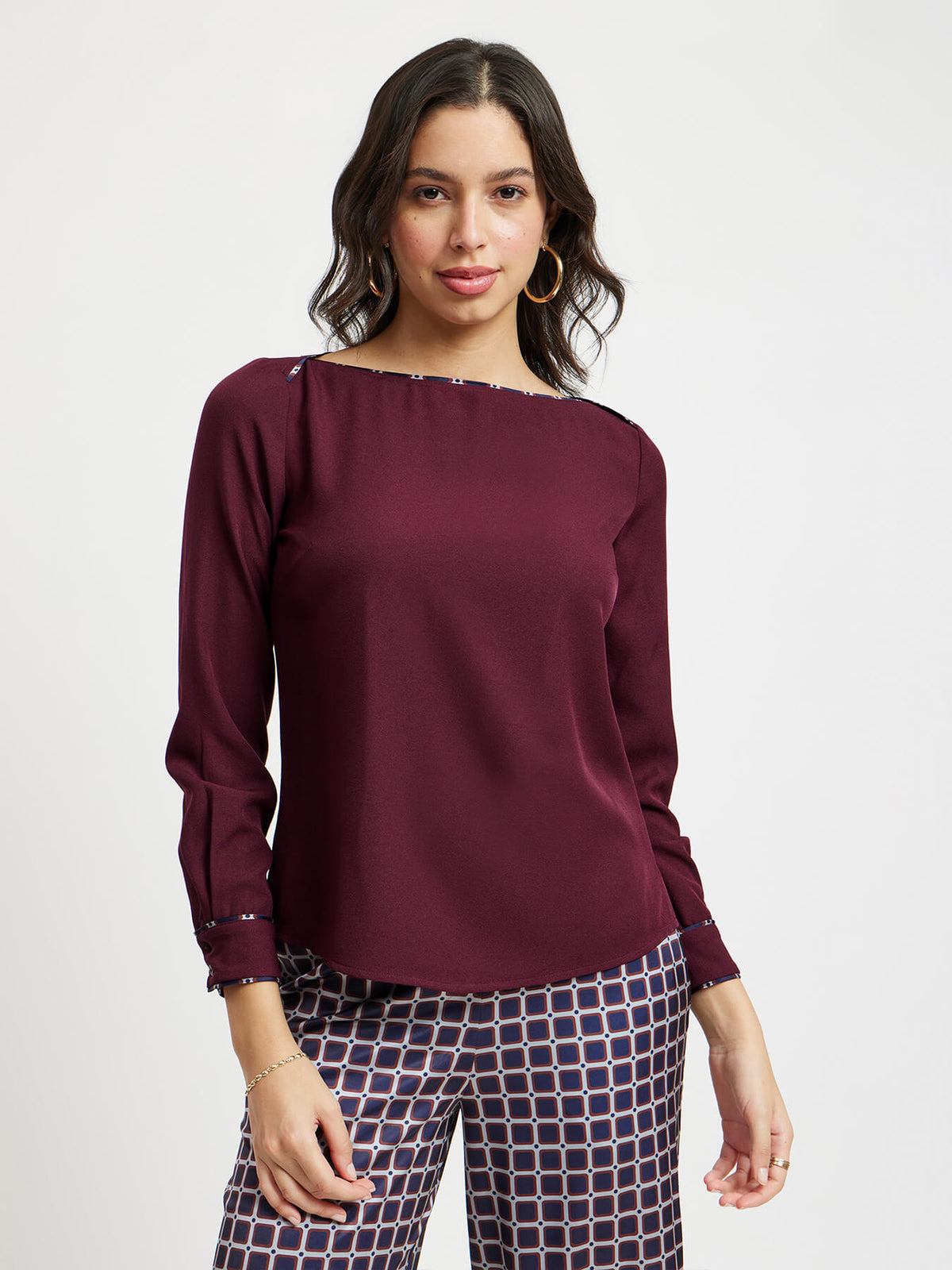 Boat Neck Piping Top - Maroon