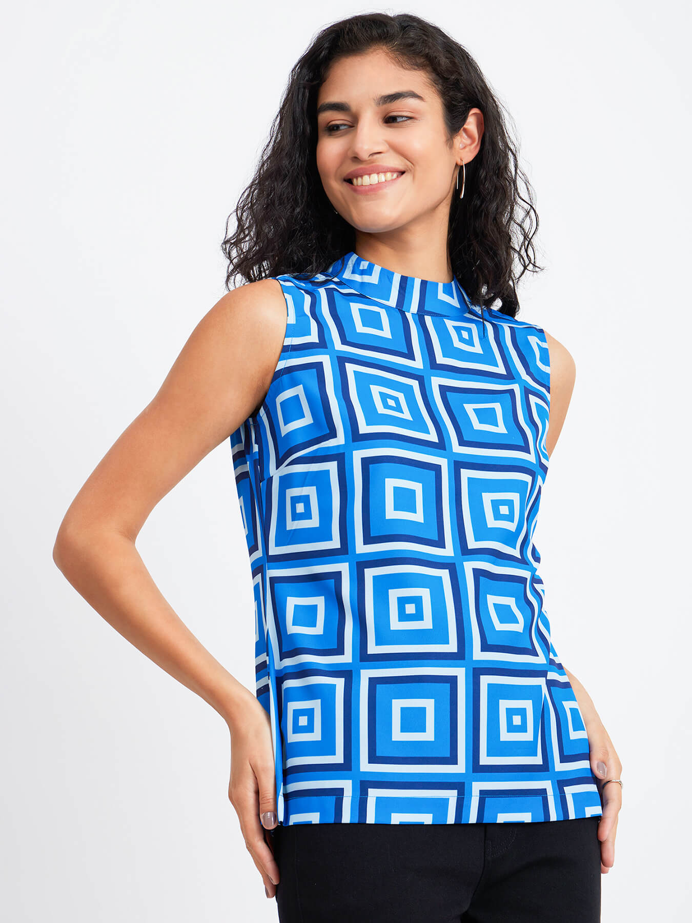 Geometric Print High Neck Top - Blue