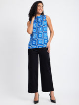 Geometric Print High Neck Top - Blue