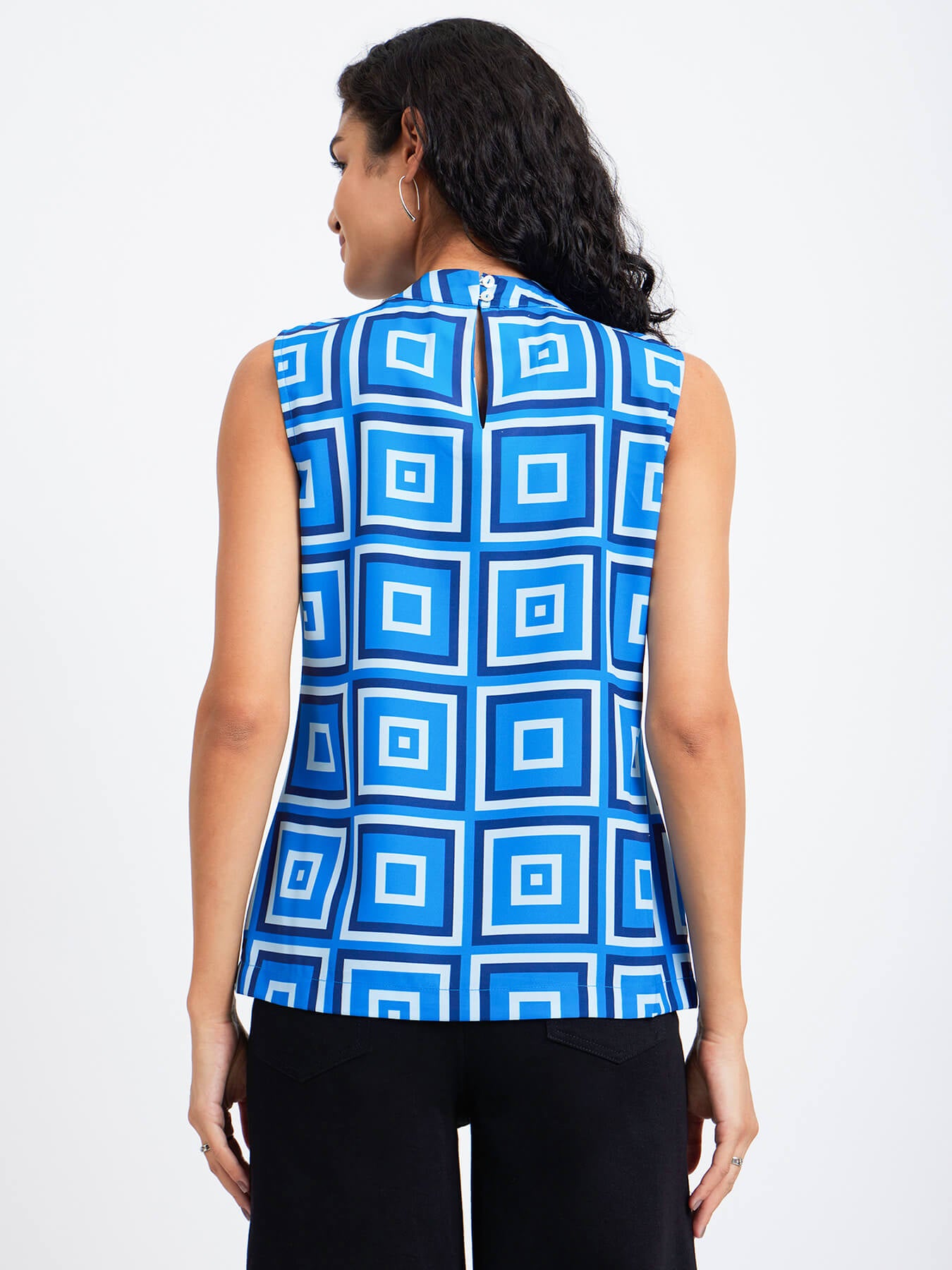 Geometric Print High Neck Top - Blue