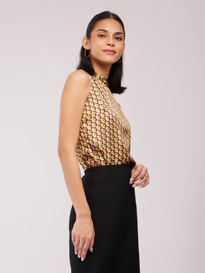 Satin High Neck Top - Brown And Multicolour