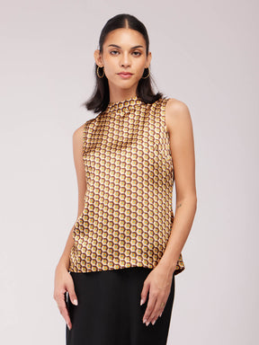 Satin High Neck Top - Brown And Multicolour