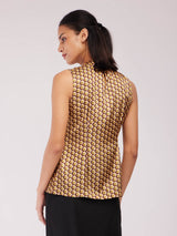 Satin High Neck Top - Brown And Multicolour