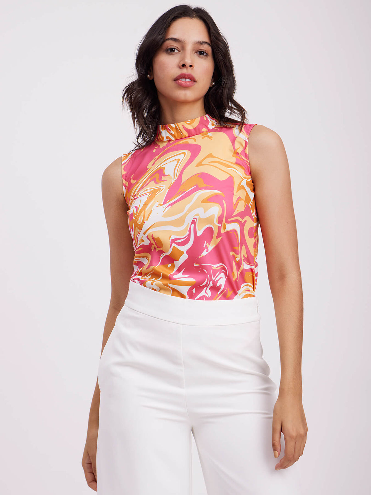 Abstract Print High Neck Top - Orange And Pink