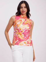 Abstract Print High Neck Top - Orange And Pink