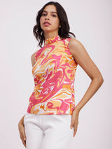 Abstract Print High Neck Top - Orange And Pink