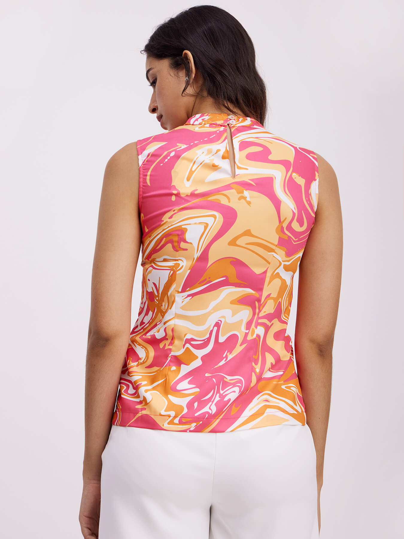 Abstract Print High Neck Top - Orange And Pink