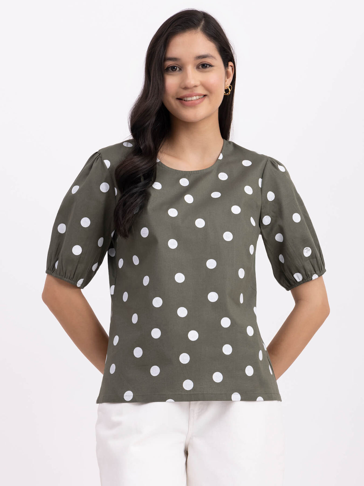Linen Polka Dot Top - Olive And White