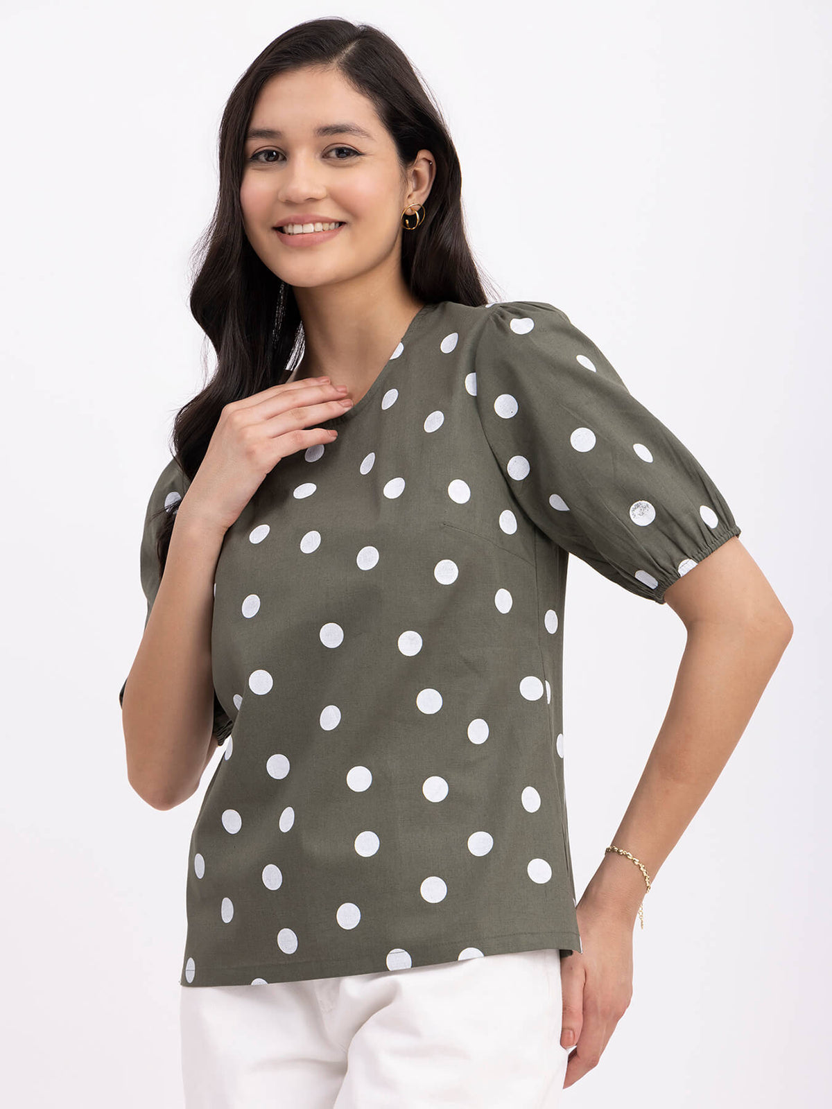 Linen Polka Dot Top - Olive And White