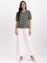 Linen Polka Dot Top - Olive And White