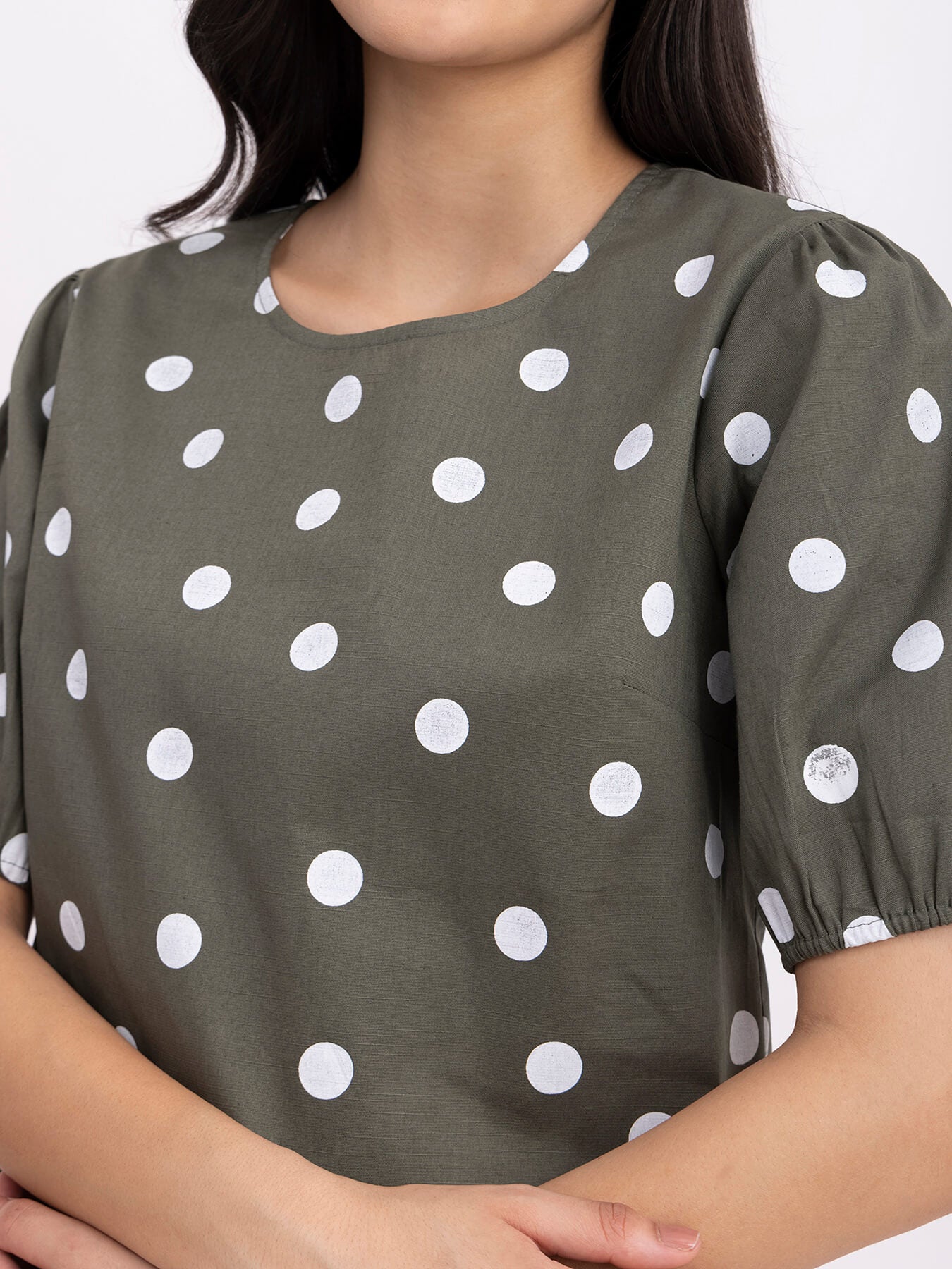 Linen Polka Dot Top - Olive And White