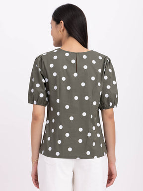 Linen Polka Dot Top - Olive And White