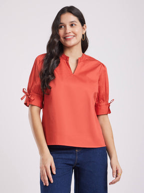 Cotton Tie-Up Sleeve Top - Coral Red