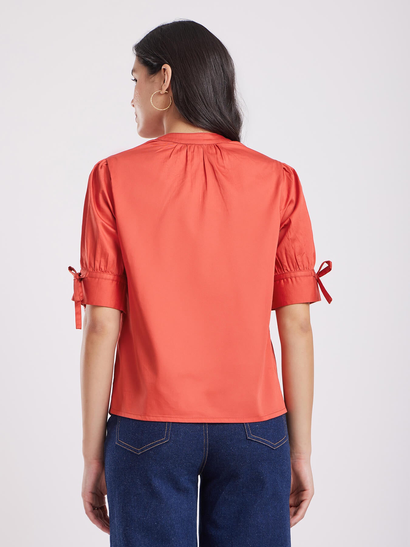 Cotton Tie-Up Sleeve Top - Coral Red