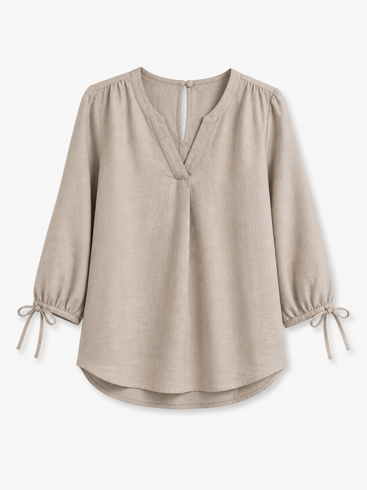 Linen Tie Up Sleeve Top - Beige