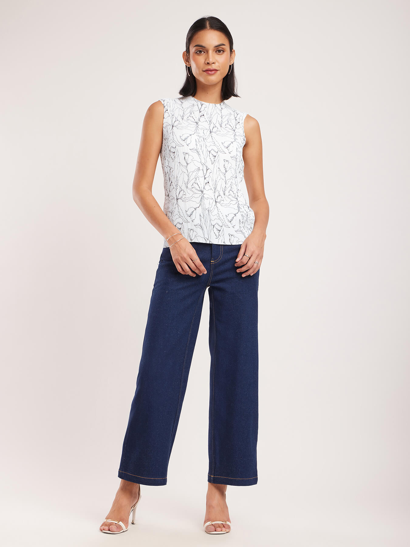 Pleated Floral Top - White