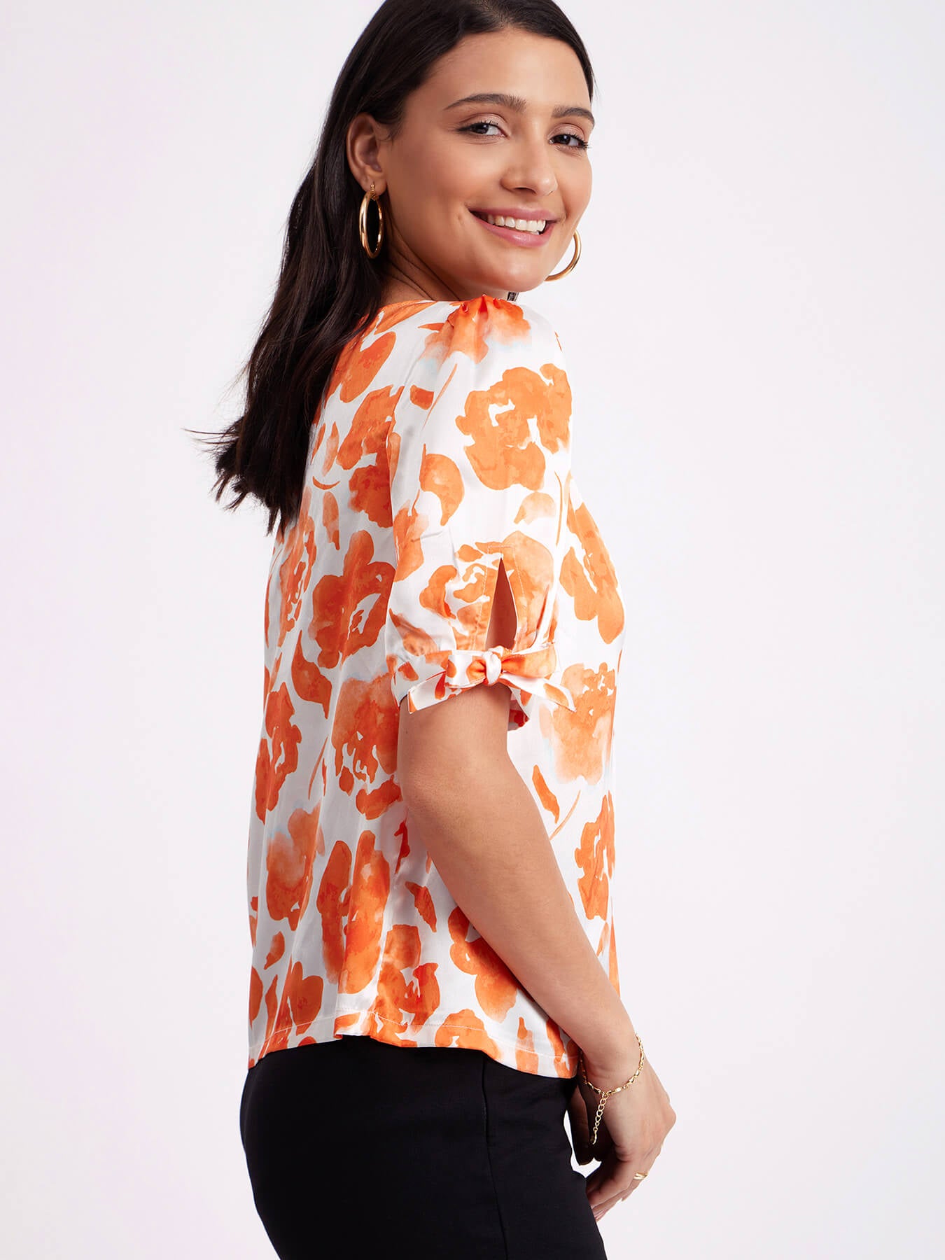 Satin Boat Neck Top - White And Orange