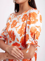 Satin Boat Neck Top - White And Orange