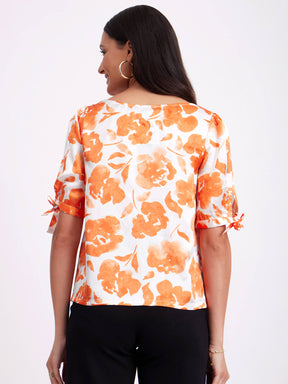 Satin Boat Neck Top - White And Orange