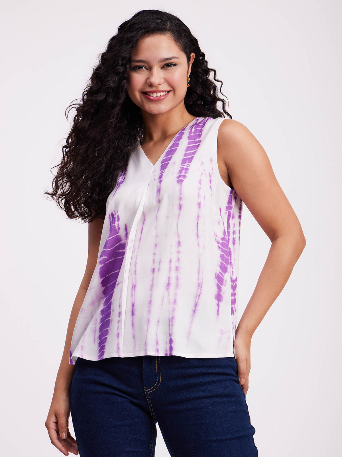 Floral Print V Neck Top - White And Purple