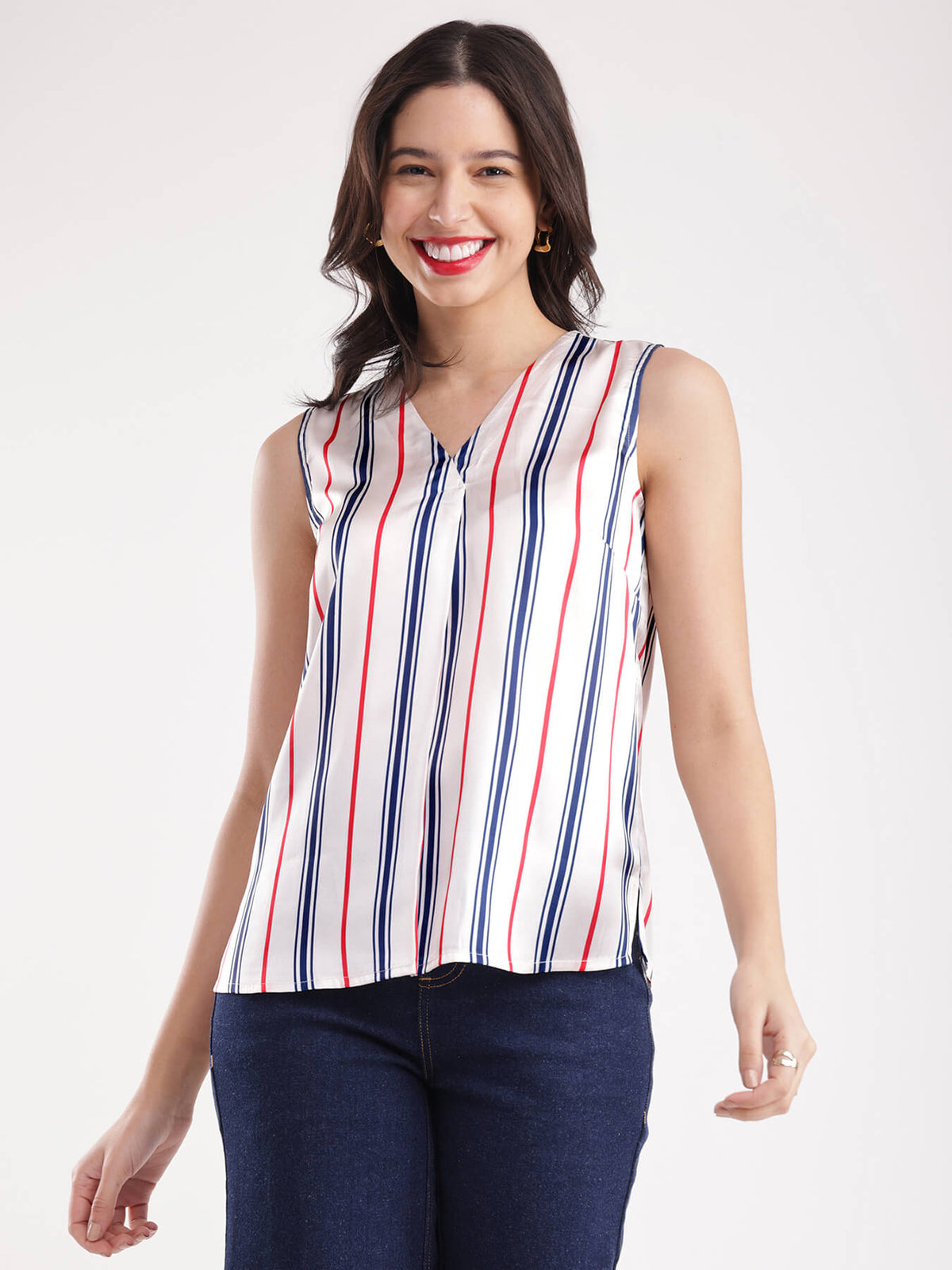 Satin Striped Top - White And Blue