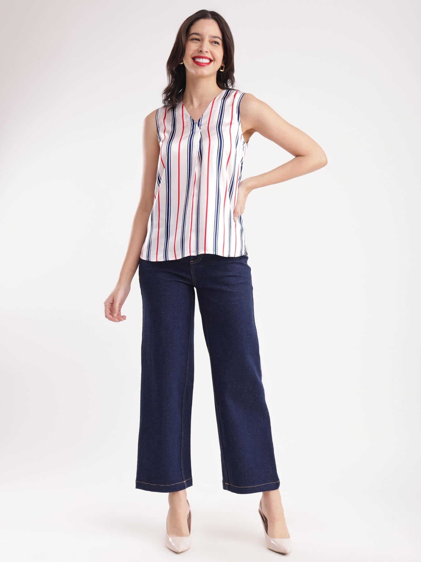 Satin Striped Top - White And Blue