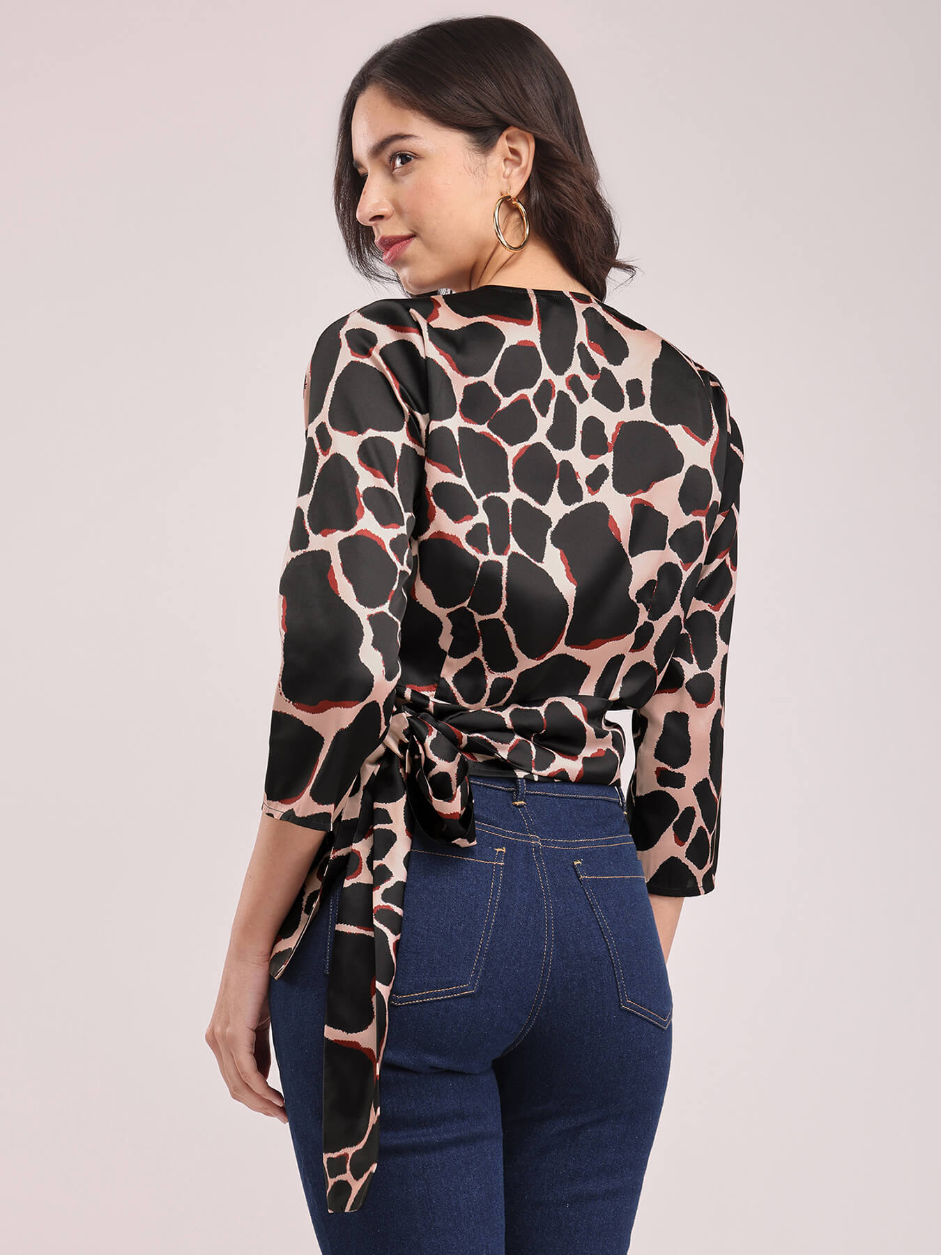 Satin Animal Print Top - Beige And Black