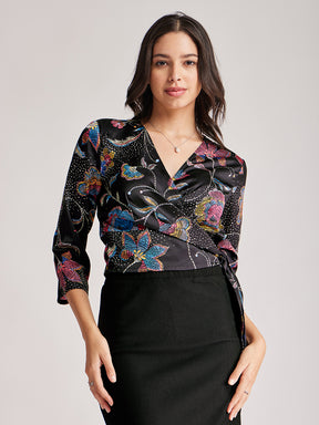 Satin Wrap Top - Black And Multicolour