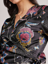 Satin Wrap Top - Black And Multicolour