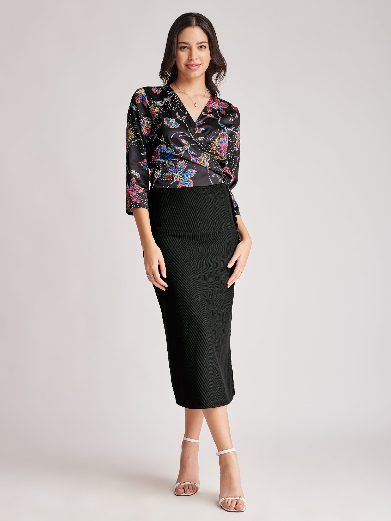 Satin Wrap Top - Black And Multicolour