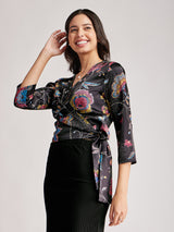 Satin Wrap Top - Black And Multicolour