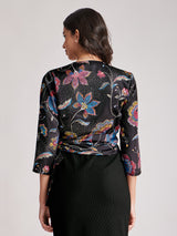 Satin Wrap Top - Black And Multicolour