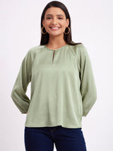 Satin Raglan Sleeves Top - Green