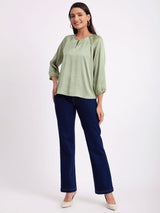 Satin Raglan Sleeves Top - Green