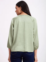 Satin Raglan Sleeves Top - Green