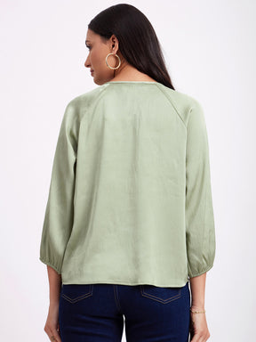 Satin Raglan Sleeves Top - Green