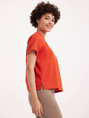 Linen Round Neck Top - Burnt Orange