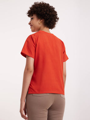 Linen Round Neck Top - Burnt Orange