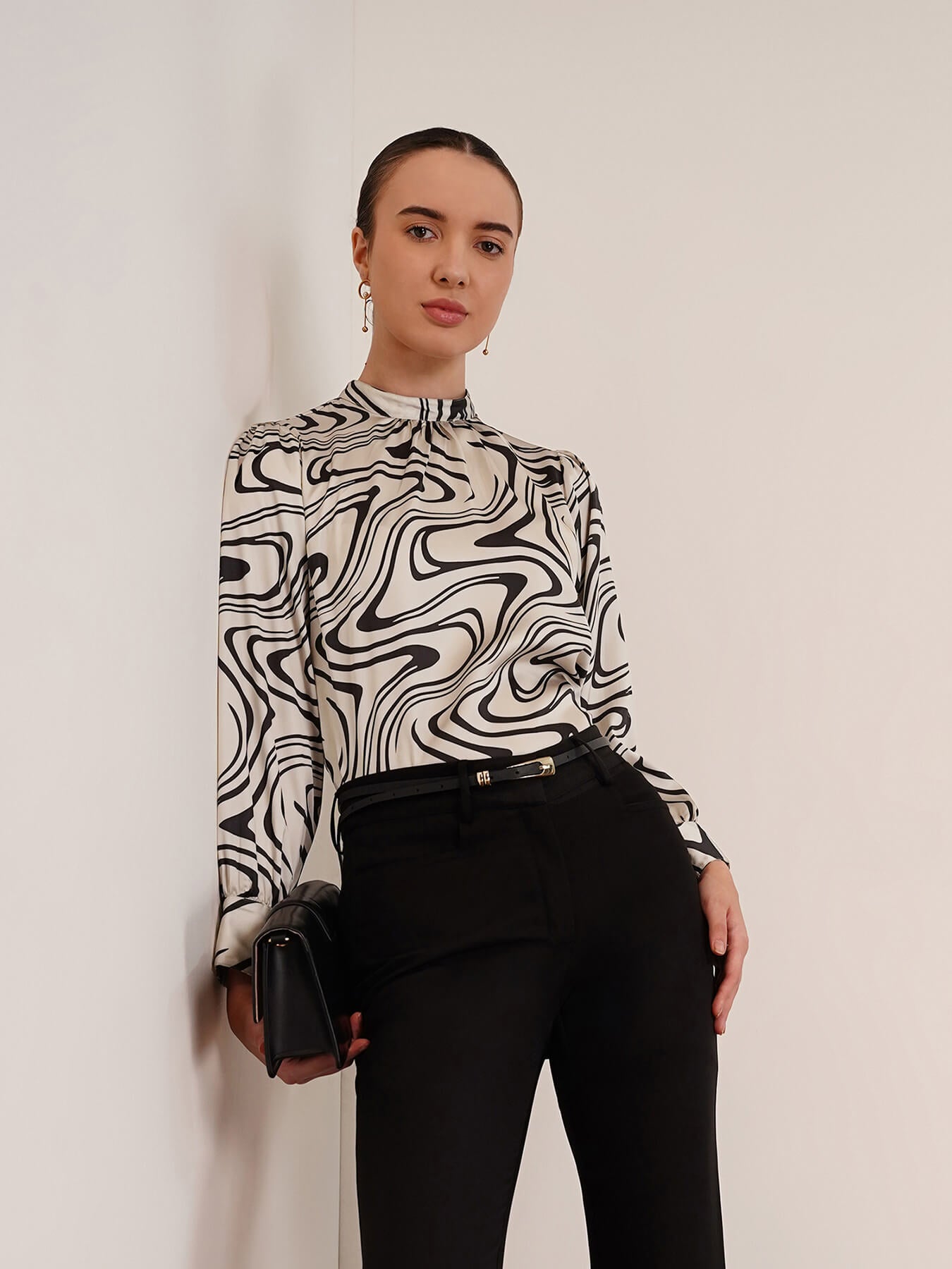 Satin Abstract Print Top - Beige And Black