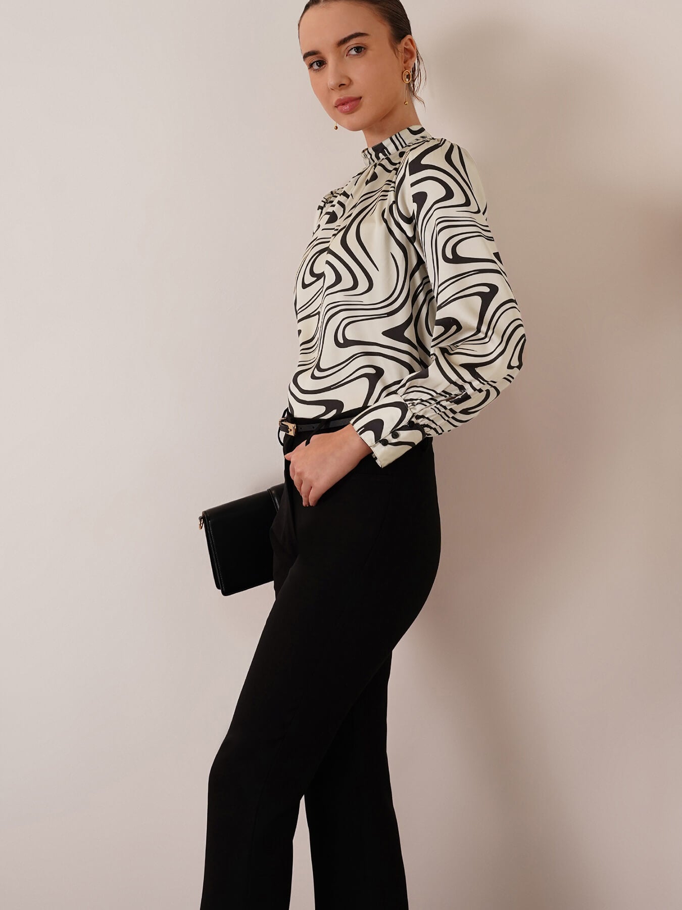 Satin Abstract Print Top - Beige And Black