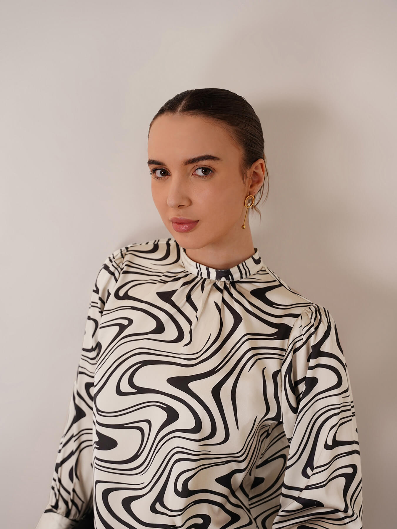 Satin Abstract Print Top - Beige And Black