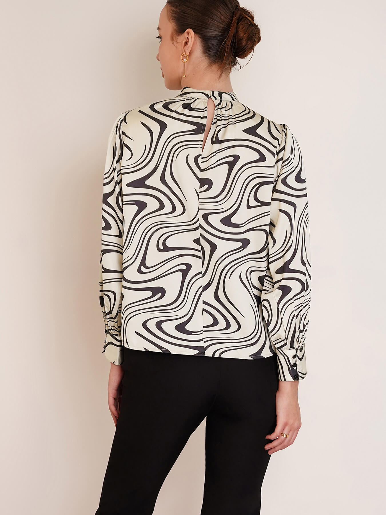 Satin Abstract Print Top - Beige And Black