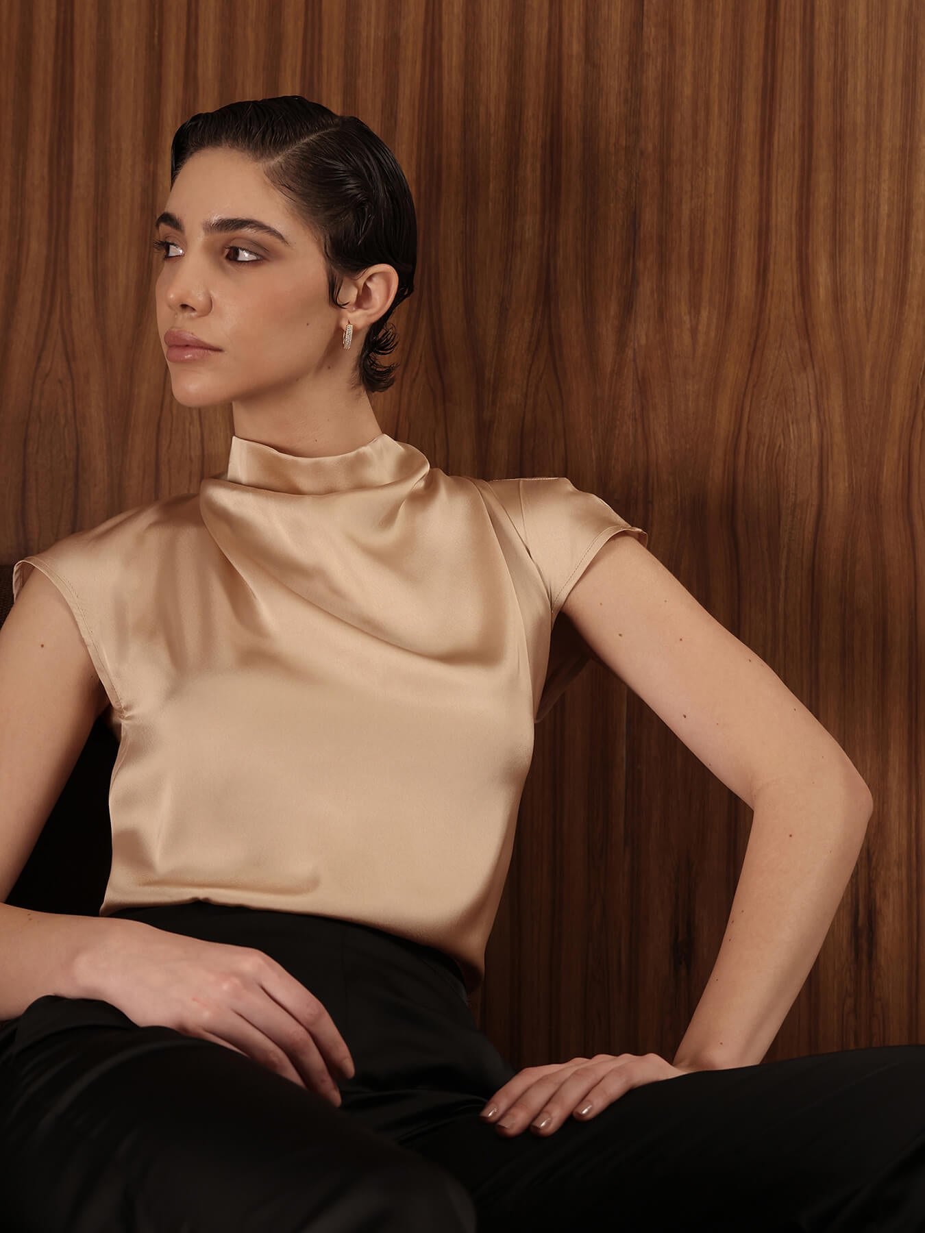 Satin Cowl Neck Top - Beige
