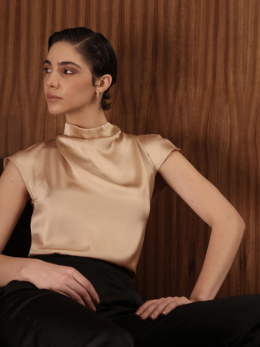 Satin Cowl Neck Top - Beige